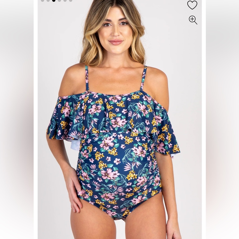Blue Floral Ruffle Trim Ruched One-Piece Maternity Swimsuit